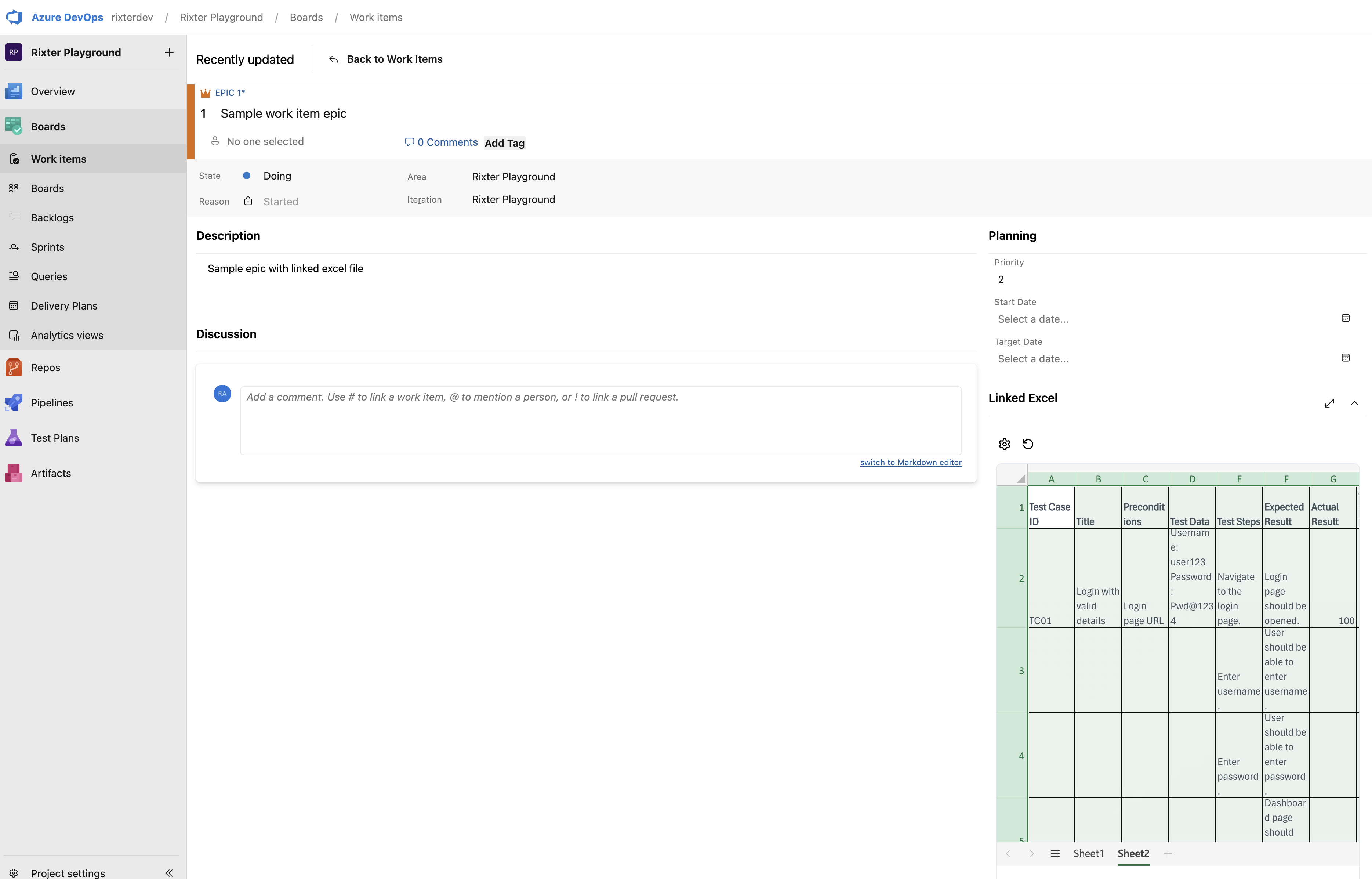 Work item showing linked excel