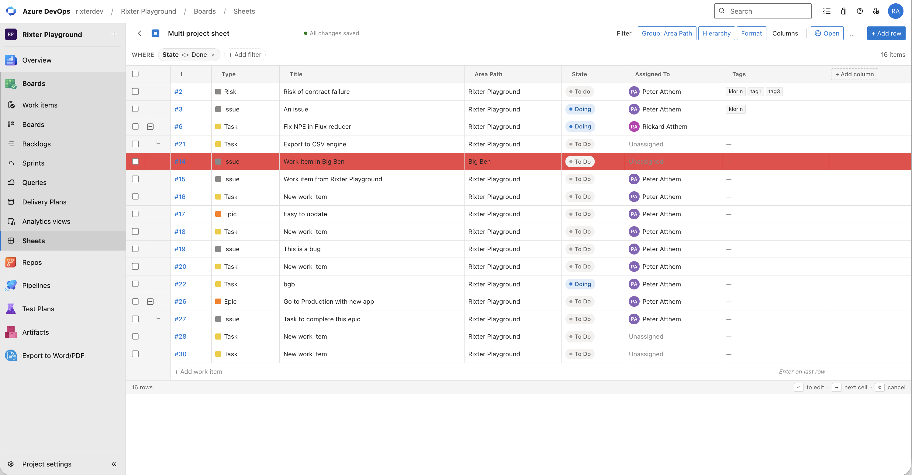 Sheet view showing multi-project work items in a spreadsheet layout