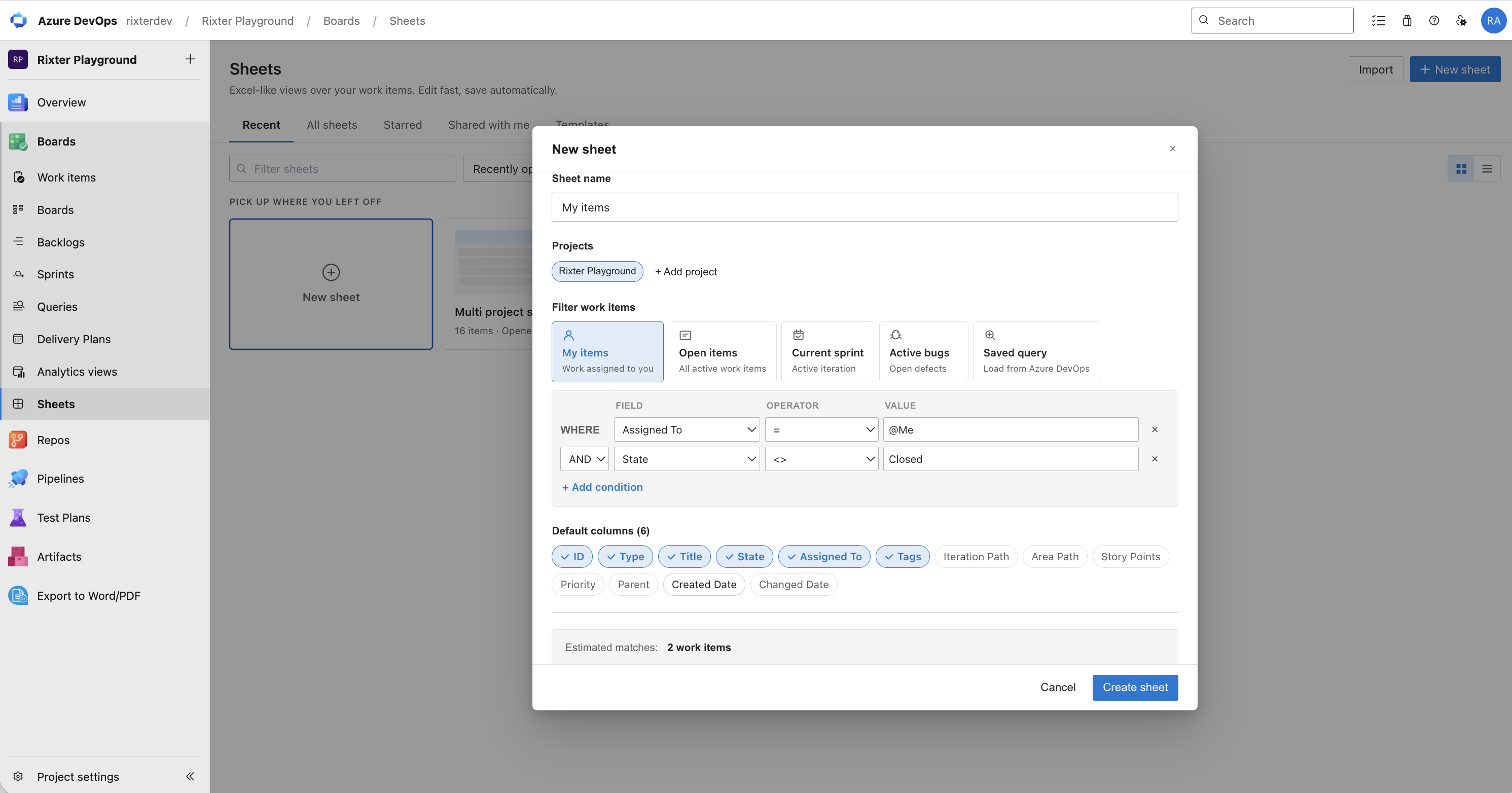 New sheet creation dialog with project and field selection