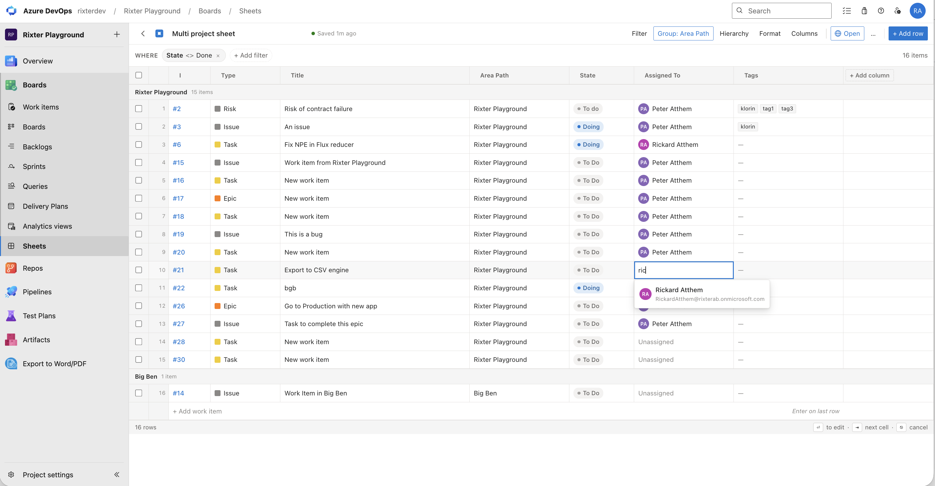 Multi-project sheet combining work items from multiple Azure DevOps projects