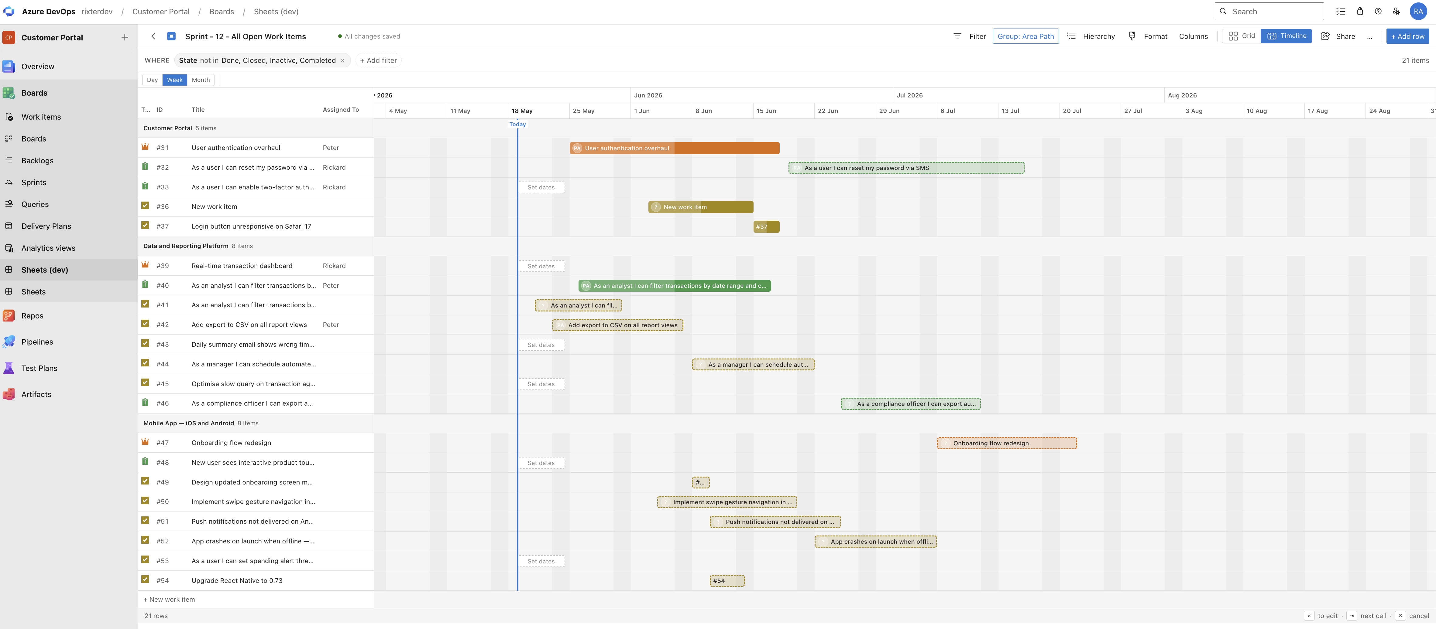 Timeline planner showing work items as Gantt bars with drag-to-reschedule, grouping, and hierarchy